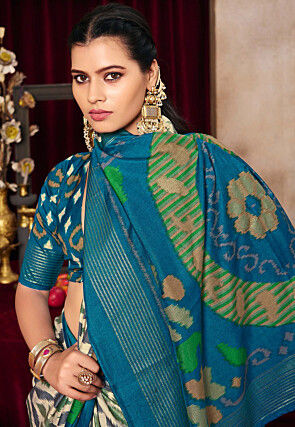 Ikat Printed Art Silk Saree in Off White and Grey