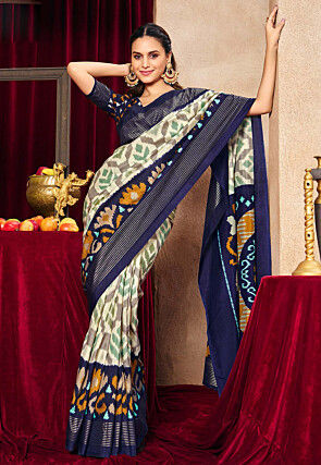 Ikat Printed Art Silk Saree in Off White and Grey