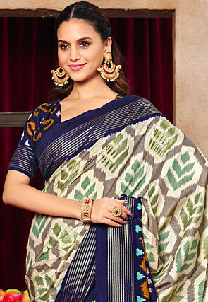 Ikat Printed Art Silk Saree in Off White and Grey