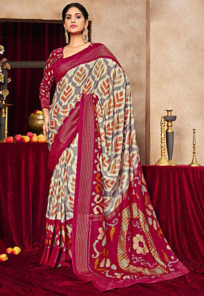 Ikat Printed Art Silk Saree in Off White and Grey