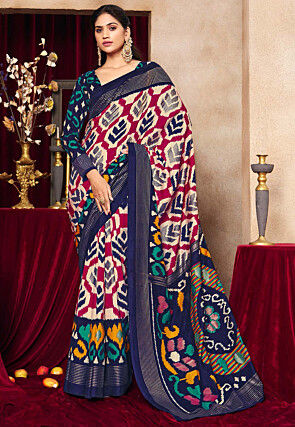 Ikat Printed Art Silk Saree in Off White and Magenta