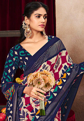 Ikat Printed Art Silk Saree in Off White and Magenta