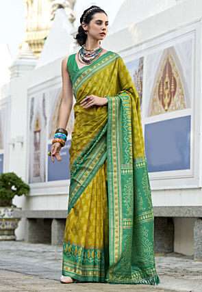 Ikat Printed Art Silk Saree in Olive Green