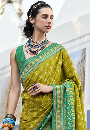 Ikat Printed Art Silk Saree in Olive Green