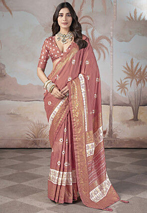 Ikat Printed Art Silk Saree in Peach