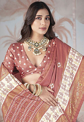 Ikat Printed Art Silk Saree in Peach