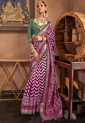 Ikat Printed Art Silk Saree in Purple