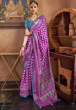 Ikat Printed Art Silk Saree in Purple