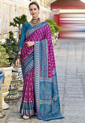 Ikat Printed Art Silk Saree in Purple