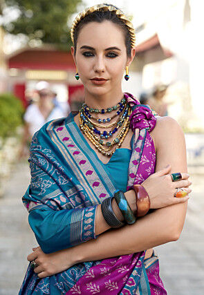 Ikat Printed Art Silk Saree in Purple