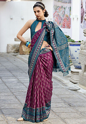 Ikat Printed Art Silk Saree in Purple