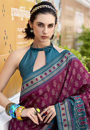 Ikat Printed Art Silk Saree in Purple