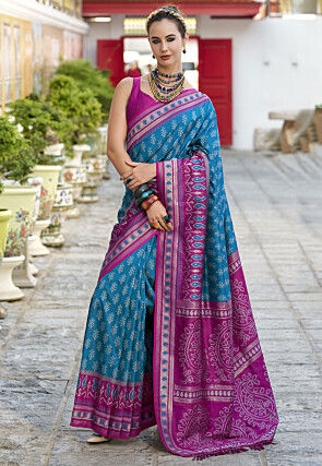 Ikat Printed Art Silk Saree in Teal Blue