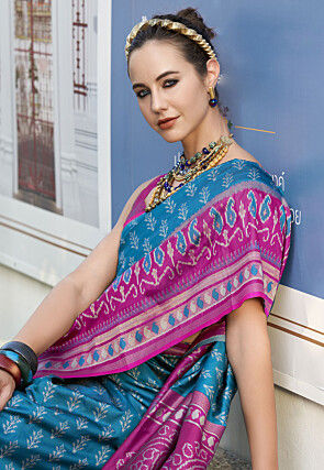 Ikat Printed Art Silk Saree in Teal Blue