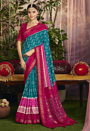 Ikat Printed Art Silk Saree in Teal Blue