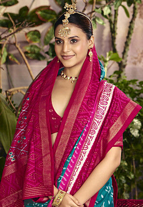 Ikat Printed Art Silk Saree in Teal Blue