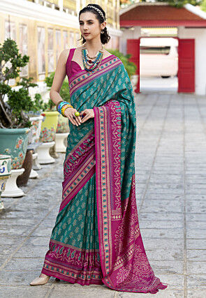 Ikat Printed Art Silk Saree in Teal Green