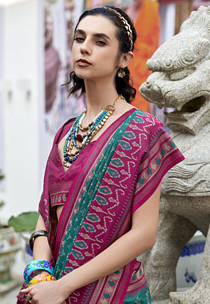 Ikat Printed Art Silk Saree in Teal Green