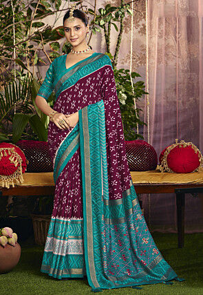 Ikat Printed Art Silk Saree in Violet