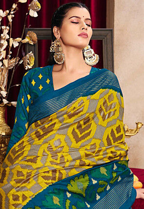 Ikat Printed Art Silk Saree in Yellow and Grey
