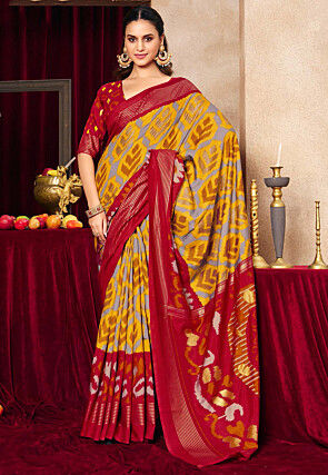 Ikat Printed Art Silk Saree in Yellow and Grey