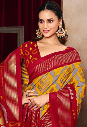 Ikat Printed Art Silk Saree in Yellow and Grey