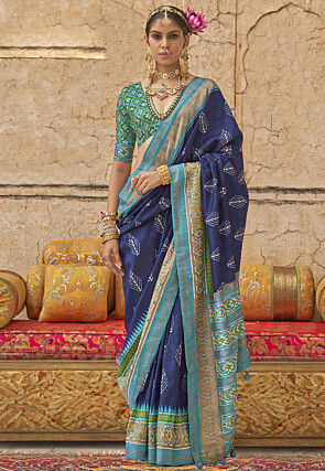 Ikat Printed Art Viscose Silk Saree in Navy Blue
