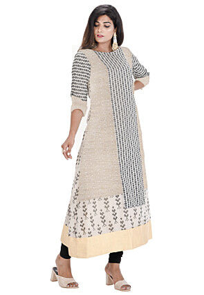 Ikat Printed Chanderi Cotton A-line Kurta Set in Off White