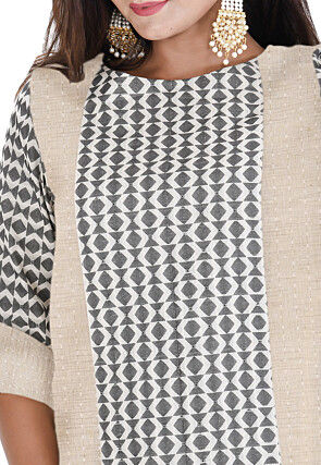 Ikat Printed Chanderi Cotton A-line Kurta Set in Off White