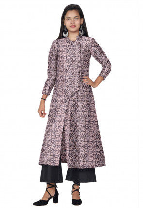 Ikat Printed Chanderi Silk Long Kurta Set in Peach