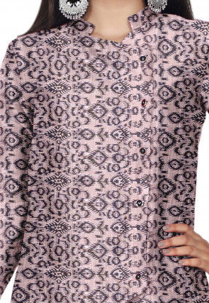Ikat Printed Chanderi Silk Long Kurta Set in Peach