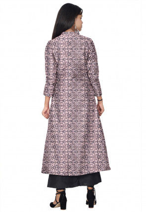 Ikat Printed Chanderi Silk Long Kurta Set in Peach