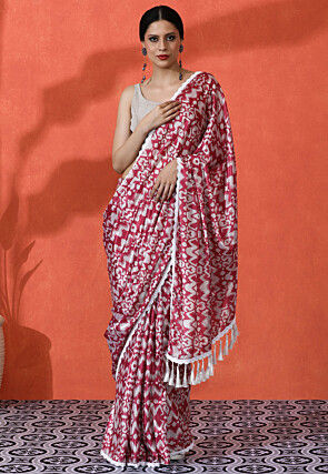 Ikat Printed Chinon Chiffon Saree in Maroon