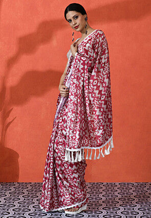 Ikat Printed Chinon Chiffon Saree in Maroon