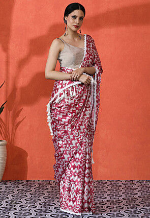 Ikat Printed Chinon Chiffon Saree in Maroon