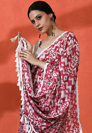 Ikat Printed Chinon Chiffon Saree in Maroon
