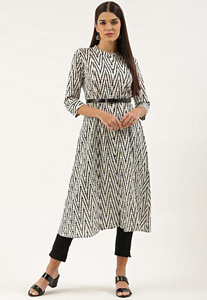 Ikat Printed Cotton A Line Kurta in White and Black