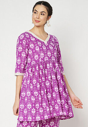 Ikat Printed Cotton Aline Kurti in Purple