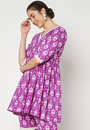 Ikat Printed Cotton Aline Kurti in Purple