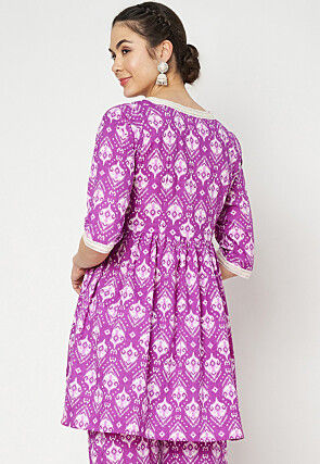 Ikat Printed Cotton Aline Kurti in Purple