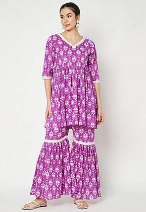 Ikat Printed Cotton Aline Kurti in Purple