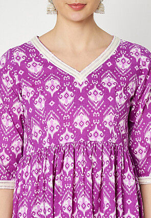 Ikat Printed Cotton Aline Kurti in Purple