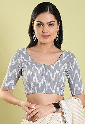 Ikat Printed Cotton Blouse in Grey