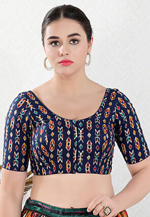 Ikat Printed Cotton Blouse in Navy Blue
