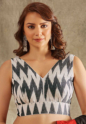 Ikat Printed Cotton Blouse in Off White