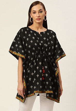 Ikat Printed Cotton Clinched Waist Top in Black