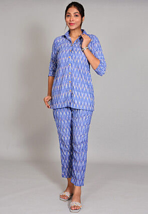 Ikat Printed Cotton Co Ord Set in Light Blue