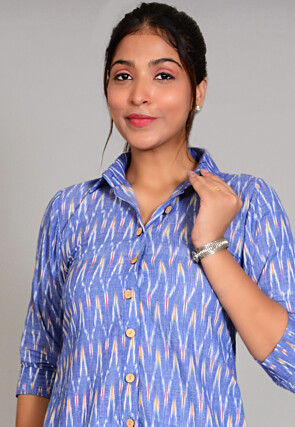 Ikat Printed Cotton Co Ord Set in Light Blue