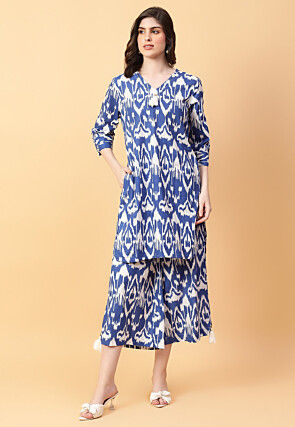 Ikat Printed Cotton Co Ord Set in Off White and Blue