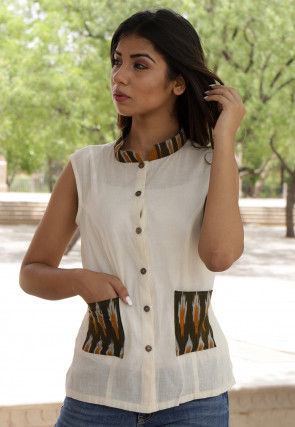 Ikat Printed Cotton Jacket Style Top in Off White